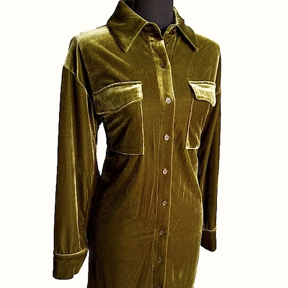 WAYF Long Sleeve Velvet Shirtdress, Olive Green, Oversized Button Up Top, Sz XS - Picture 2 of 10